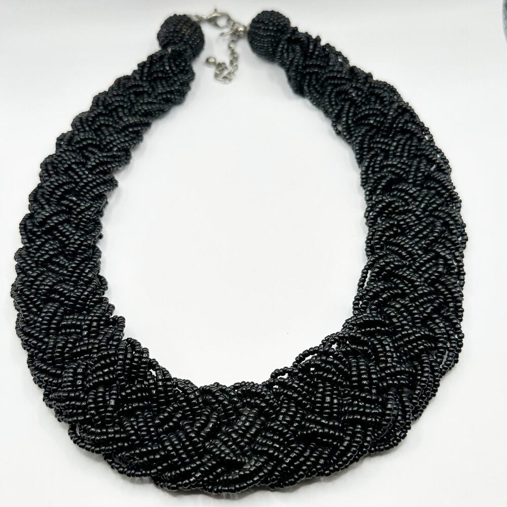 Glass Beads Braided Chunky Necklace Black Silver Lobster claw clasp